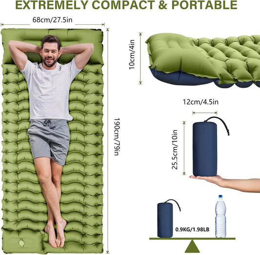 🛏️ 4" Thick Inflatable Camping Mat 💨 Built-In Pillow & Pump – Sleep Comfy Anywhere!