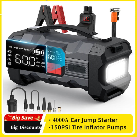 26800mAh Car Jump Starter 150PSI Air Compressor  Power Bank Portable Battery Booster Digital Tire Inflator Starting Device