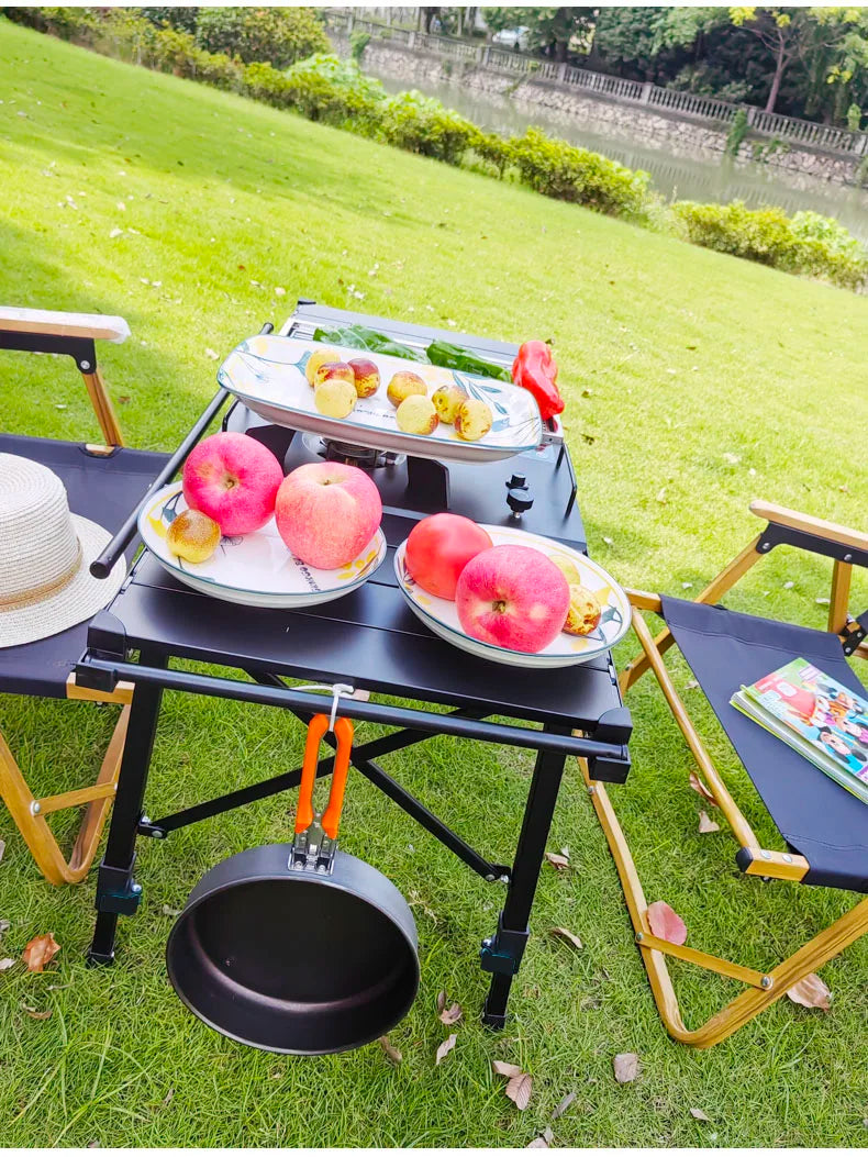 "LOHASCAMPING Multifunctional Lightweight IGT Folding Table with Adjustable Legs & Integrated Brazier for BBQ and Outdoor Adventures"