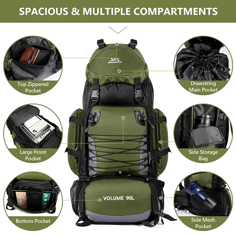 Large 90-liter travel bag, camping backpack, hiking backpack, military backpack, mountaineering backpack, outdoor backpack