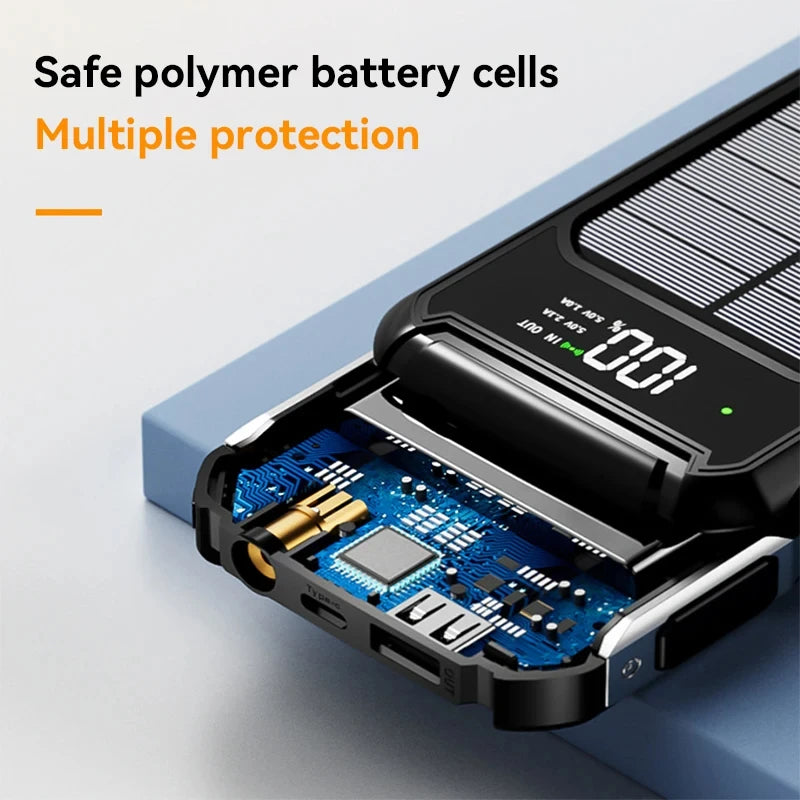 50000mAh Solar Power Bank – 4-in-1 Built-in Cables, Fast Charge, LED Light for iPhone, Samsung, Xiaom