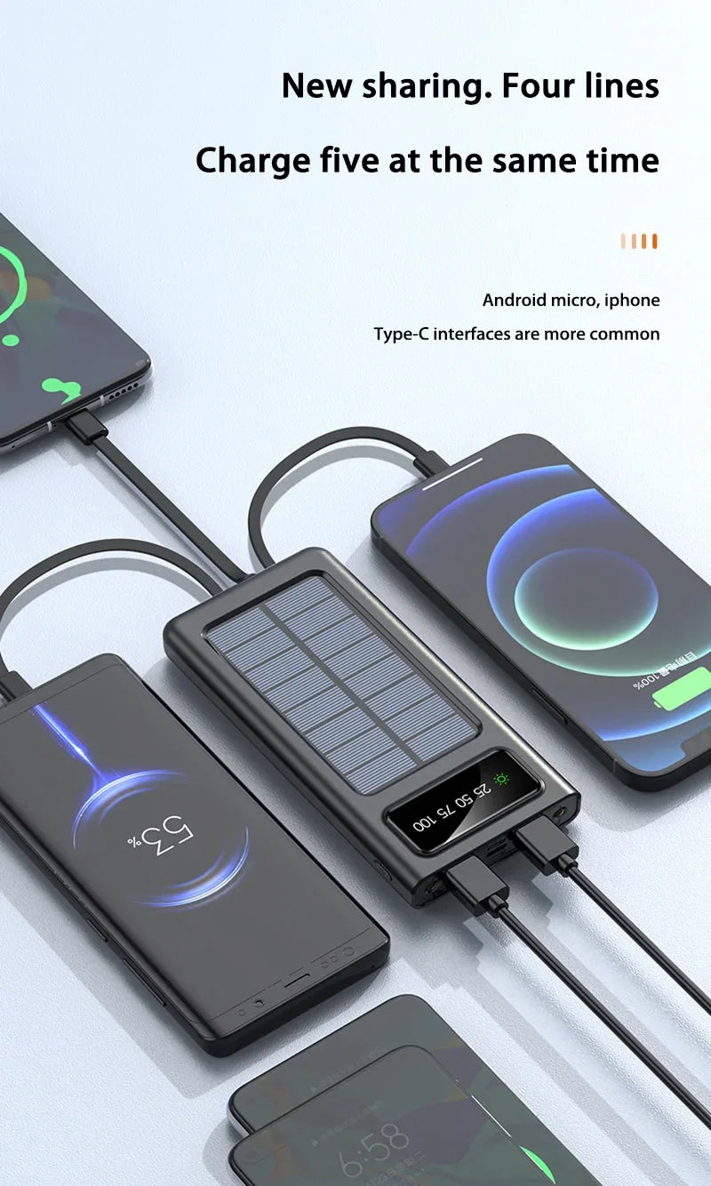 "Stay Charged This Holiday Season with the Xiaomi 200000mAh Solar Power Bank – Fast Charging, Dual USB, and 4 Cables for All Your Devices!"