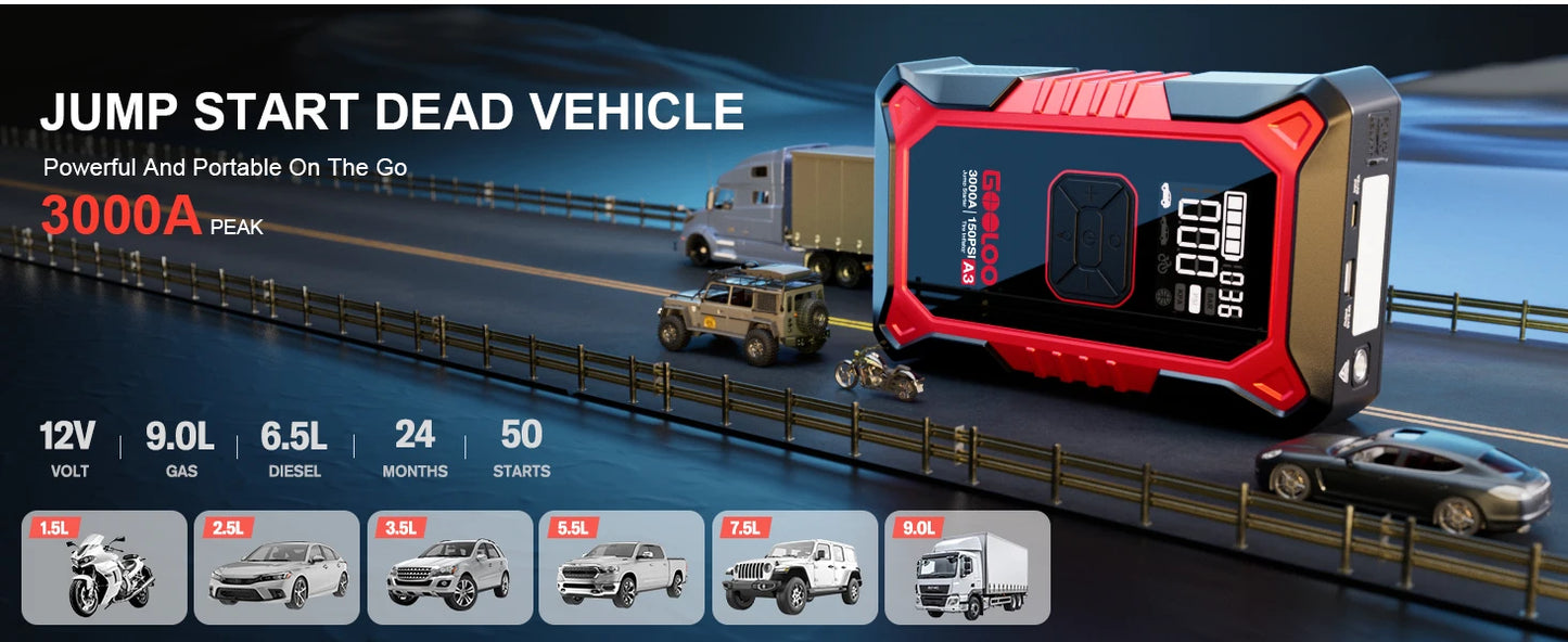 🚗⚡ GOOLOO A3 JUMP STARTER WITH AIR COMPRESSOR 🛞🔋 3000A POWER + 150PSI AUTO-INFLATE