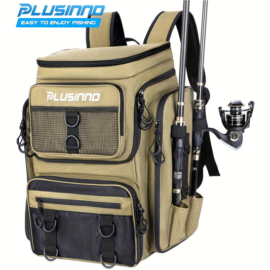 PLUSINNO 42L Water-Resistant Fishing Backpack with Rod Holders – Tackle Storage for Fishing & Outdoor Adventures