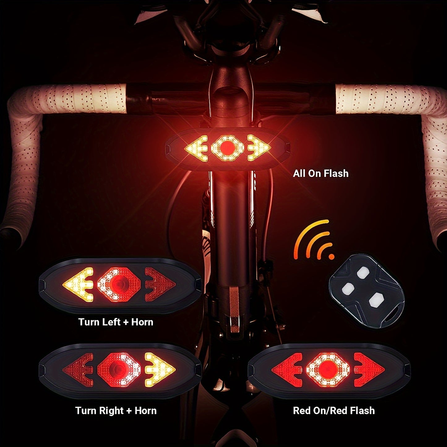 "USB Rechargeable LED Bike Tail Light with Turn Signals & Remote Alarm"