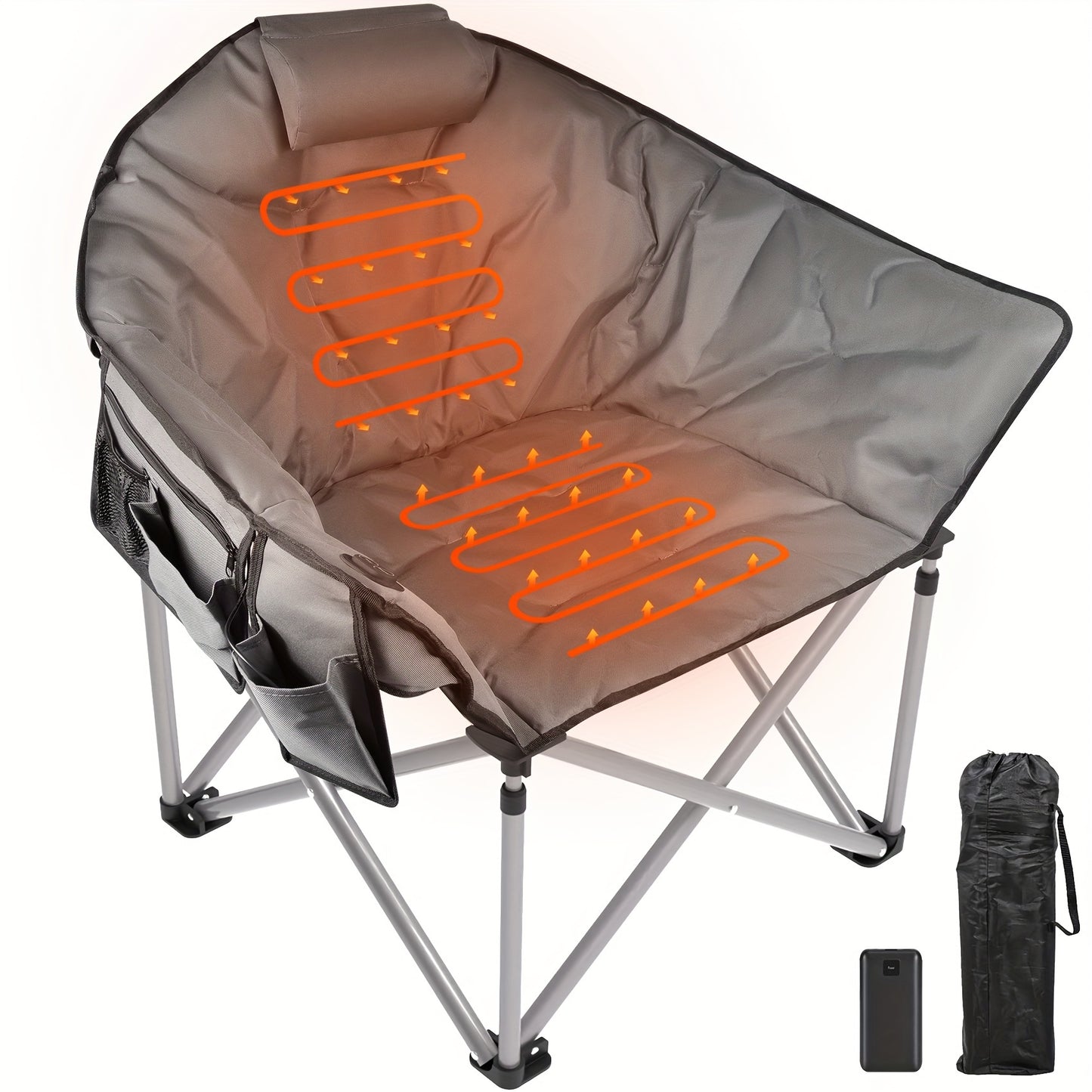 Oversized Heated Camping Chair with 20,000mAh Power Bank –  3-Heat Levels, Folding Outdoor Chair with Pillow & Storage Bag